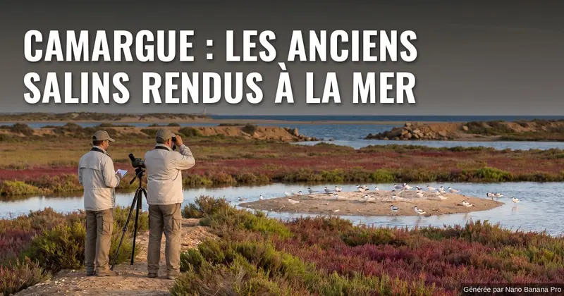 Illustration : au bord d’une lagune camarguaise, deux personnes vues de dos observent aux jumelles une colonie de sternes posée sur un petit îlot, au milieu d’étendues de salicornes vertes et mauves, avec une digue ouverte par une brèche et la mer au loin, dans une lumière de fin d’après-midi. Texte incrusté : « CAMARGUE : LES ANCIENS SALINS RENDUS À LA MER ».