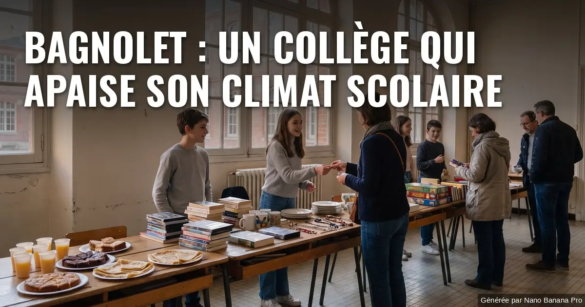 Illustration : dans le hall d’un ancien collège en briques aux très hautes fenêtres, des collégiens tiennent les stands d’une brocante solidaire garnis de livres, de jeux de société et de vaisselle, tandis que des parents et des enseignants choisissent des objets dans la lumière du jour. Texte incrusté : « BAGNOLET : UN COLLÈGE QUI APAISE SON CLIMAT SCOLAIRE ».