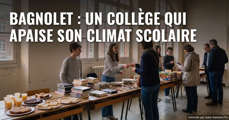 Illustration : dans le hall d’un ancien collège en briques aux très hautes fenêtres, des collégiens tiennent les stands d’une brocante solidaire garnis de livres, de jeux de société et de vaisselle, tandis que des parents et des enseignants choisissent des objets dans la lumière du jour. Texte incrusté : « BAGNOLET : UN COLLÈGE QUI APAISE SON CLIMAT SCOLAIRE ».
