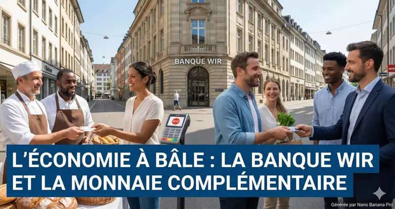 Illustration : dans une rue de Bâle, devant un imposant bâtiment de pierre portant l’inscription « Banque WIR », deux boulangers échangent une carte avec une cliente près d’un terminal de paiement marqué « WIR », tandis que d’autres personnes souriantes se passent une carte. Bandeau incrusté : « L’économie à Bâle : la Banque WIR et la monnaie complémentaire ».