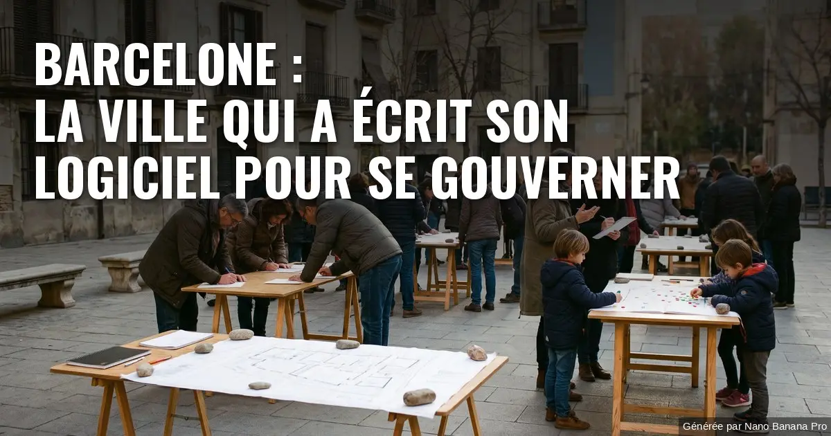 Illustration : en fin d’après-midi, sur la partie pavée d’une place de quartier barcelonaise, une quarantaine d’habitants de tous âges entourent des tables pliantes où sont étalés des plans ; des enfants collent des gommettes sur une carte, une animatrice debout tient un bloc-notes. Texte incrusté : « BARCELONE : LA VILLE QUI A ÉCRIT SON LOGICIEL POUR SE GOUVERNER ».
