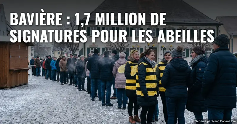Illustration : par un matin d’hiver froid et gris, une longue file de Bavarois emmitouflés attend devant l’hôtel de ville peint d’une petite ville de Bavière ; quelques-uns portent des costumes d’abeille jaunes et noirs. Texte incrusté : « BAVIÈRE : 1,7 MILLION DE SIGNATURES POUR LES ABEILLES ».