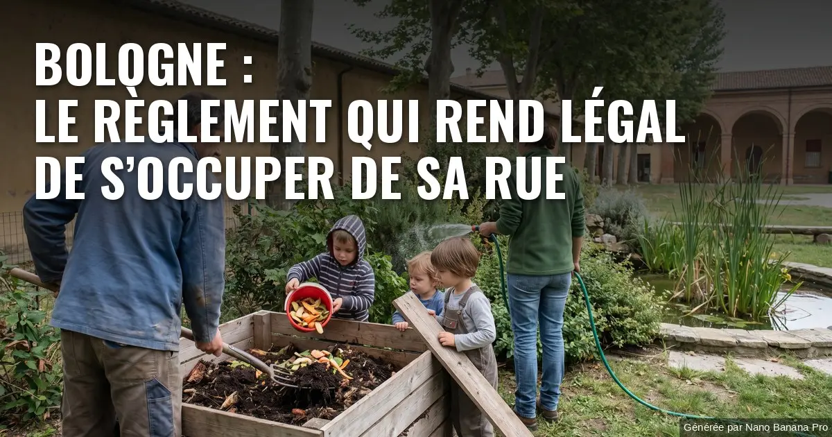 Illustration : dans le jardin d’une école maternelle italienne, des parents et des enfants remettent en état un composteur en bois pendant qu’une femme arrose un massif près d’un petit bassin ; au fond, un mur d’enceinte ocre et des arbres. Texte incrusté : « BOLOGNE : LE RÈGLEMENT QUI REND LÉGAL DE S’OCCUPER DE SA RUE ».
