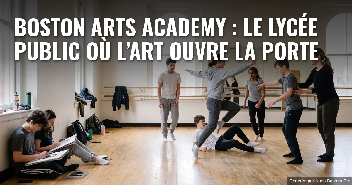 Illustration : dans une salle de danse claire, baignée de lumière naturelle, des lycéens aux origines variées répètent un enchaînement pendant qu’une enseignante corrige le geste d’une élève ; au premier plan, deux élèves en arts visuels dessinent sur de grands carnets posés au sol. Texte incrusté : « BOSTON ARTS ACADEMY : LE LYCÉE PUBLIC OÙ L’ART OUVRE LA PORTE ».