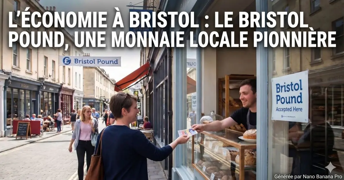 Illustration : dans une rue commerçante pavée de Bristol, sous une banderole « Bristol Pound », une cliente tend un billet coloré à un boulanger souriant penché à sa vitrine, où une affichette indique « Bristol Pound Accepted Here ». Titre incrusté : « L’économie à Bristol : le Bristol Pound, une monnaie locale pionnière ».