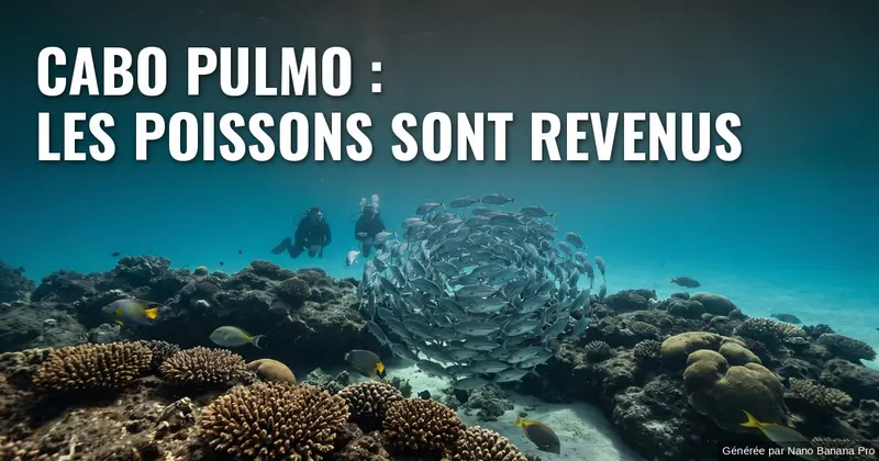 Illustration : dans les eaux turquoise d’un récif du golfe de Californie, deux plongeurs vus de dos observent un grand banc de carangues argentées qui tourne en spirale au-dessus de coraux durs, sous une lumière du matin qui traverse la surface. Texte incrusté : « CABO PULMO : LES POISSONS SONT REVENUS ».