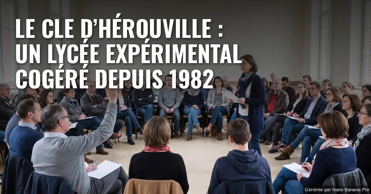 Illustration : dans une grande salle d’un établissement scolaire, une quarantaine d’adultes et quelques adolescents assis en cercle écoutent une enseignante qui a la parole ; l’un d’eux lève la main pour attendre son tour, des feuilles d’ordre du jour sont posées sur les genoux. Texte incrusté : « LE CLE D’HÉROUVILLE : UN LYCÉE EXPÉRIMENTAL COGÉRÉ DEPUIS 1982 ».