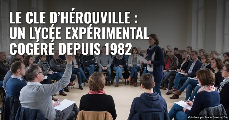 Illustration : dans une grande salle d’un établissement scolaire, une quarantaine d’adultes et quelques adolescents assis en cercle écoutent une enseignante qui a la parole ; l’un d’eux lève la main pour attendre son tour, des feuilles d’ordre du jour sont posées sur les genoux. Texte incrusté : « LE CLE D’HÉROUVILLE : UN LYCÉE EXPÉRIMENTAL COGÉRÉ DEPUIS 1982 ».