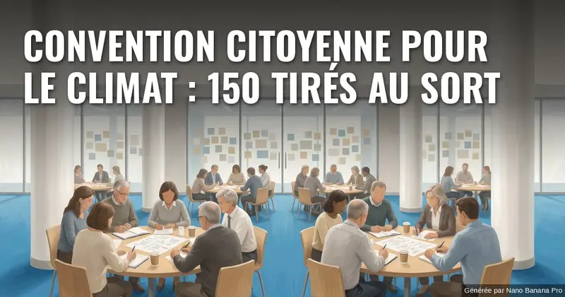 Illustration : image peinte, dans une salle à hautes colonnes blanches posées sur une moquette bleu vif, des adultes de tous âges travaillent autour de petites tables couvertes de feuilles annotées ; au fond, de grandes vitres sur lesquelles sont collés des dizaines de petits carrés de couleur. Texte incrusté : « CONVENTION CITOYENNE POUR LE CLIMAT : 150 TIRÉS AU SORT ».