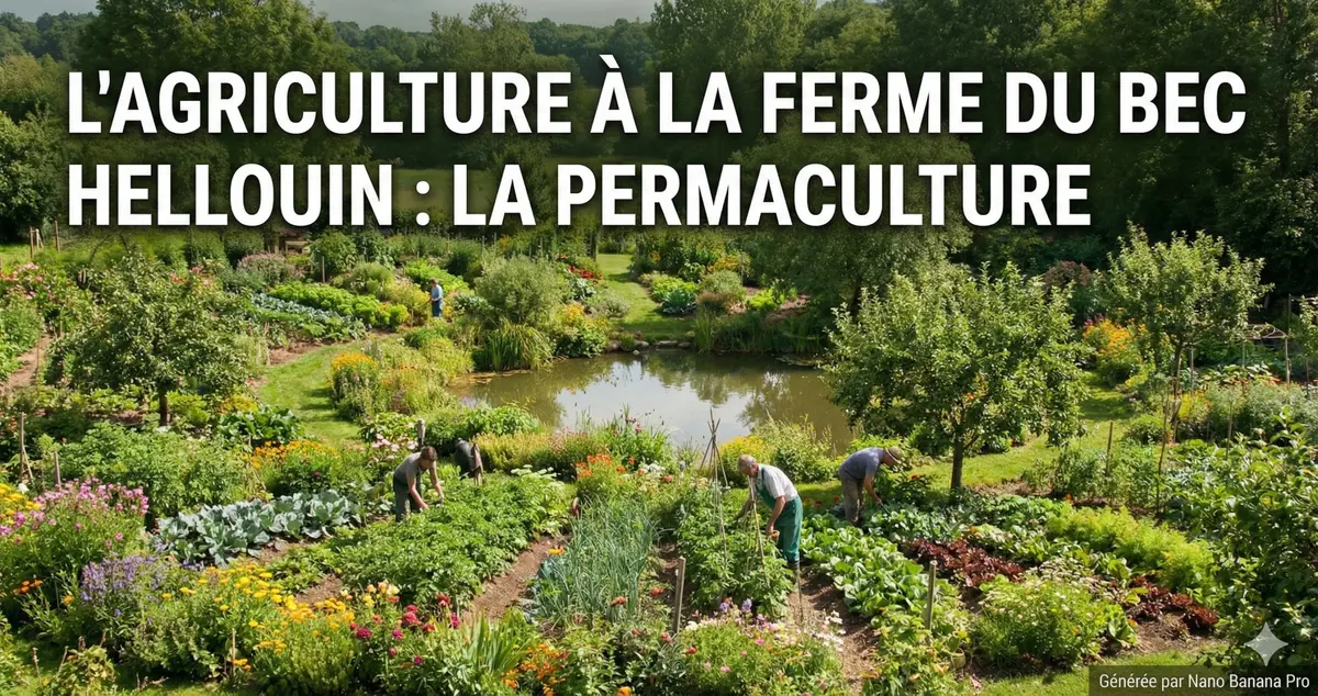 Illustration : vue d’ensemble d’un jardin foisonnant où se mêlent planches de légumes, fleurs multicolores et arbres fruitiers autour d’une mare, devant une lisière de forêt. Quelques jardiniers se penchent sur les cultures. Texte incrusté : « L’agriculture à la ferme du Bec Hellouin : la permaculture ».