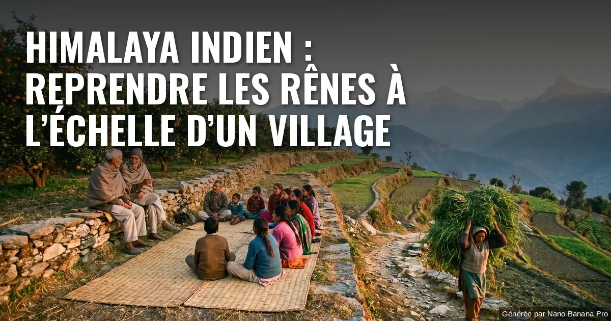 Illustration : sur une terrasse de montagne himalayenne bordée d’orangers, un couple âgé s’entretient avec des villageois assis sur une natte ; en contrebas, des cultures en terrasses et une femme remontant un sentier avec un ballot de fourrage sur la tête, et à l’horizon des sommets enneigés. Texte incrusté : « HIMALAYA INDIEN : REPRENDRE LES RÊNES À L’ÉCHELLE D’UN VILLAGE ».