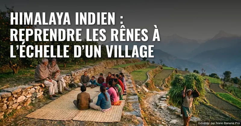Illustration : sur une terrasse de montagne himalayenne bordée d’orangers, un couple âgé s’entretient avec des villageois assis sur une natte ; en contrebas, des cultures en terrasses et une femme remontant un sentier avec un ballot de fourrage sur la tête, et à l’horizon des sommets enneigés. Texte incrusté : « HIMALAYA INDIEN : REPRENDRE LES RÊNES À L’ÉCHELLE D’UN VILLAGE ».