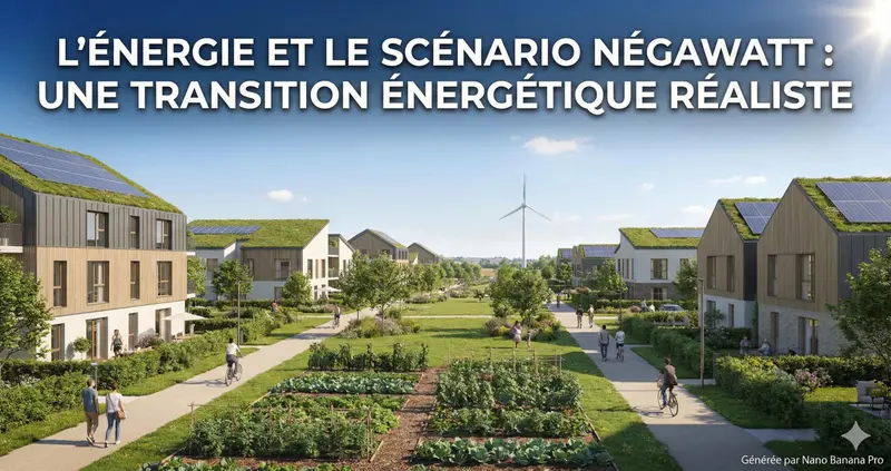 Illustration : un écoquartier ensoleillé aux maisons de bois et de crépi, coiffées de toits végétalisés et de panneaux solaires, traversé d’allées où circulent piétons et cyclistes autour de potagers, avec une éolienne à l’horizon. Titre incrusté : « L’énergie et le scénario Négawatt : une transition énergétique réaliste ».