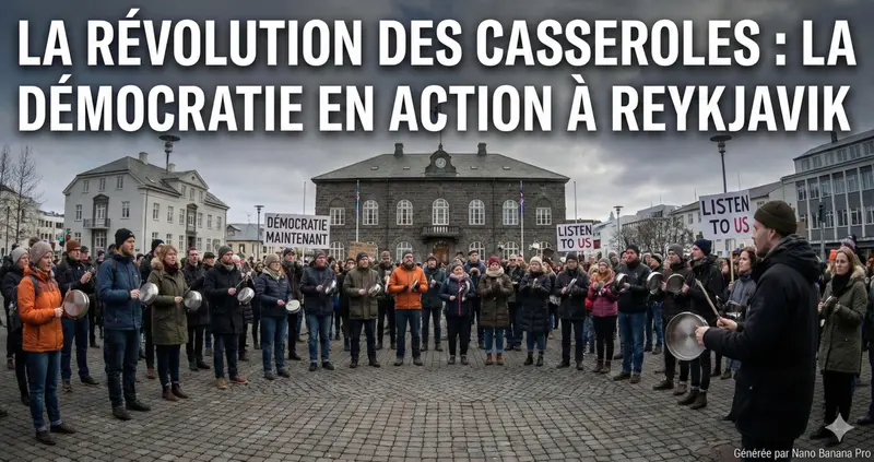 Illustration : sur une place pavée, sous un ciel gris, une foule en manteaux d’hiver et bonnets frappe des casseroles devant un bâtiment de pierre sombre surmonté d’une horloge. Pancartes : « Démocratie maintenant » et « Listen to us ». Texte incrusté : « La Révolution des casseroles : la démocratie en action à Reykjavik ».