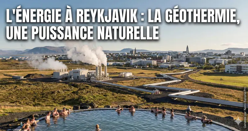 Illustration : des baigneurs dans un bassin d’eau chaude en plein air. Derrière, une centrale géothermique dégage des panaches de vapeur et de longues canalisations argentées serpentent sur la lande jusqu’à la ville, dominée par le clocher d’une église. Texte incrusté : « L’énergie à Reykjavik : la géothermie, une puissance naturelle ».