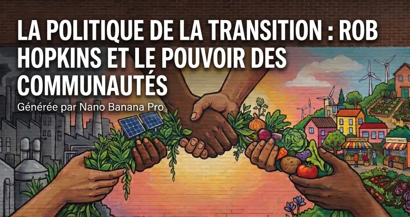 Illustration : fresque sur un mur de briques. Usines grises à gauche ; au centre, des mains serrées portent plantes, panneaux solaires et légumes ; à droite, maisons colorées, éoliennes, potagers et étals « Community » et « Community Market ». Texte incrusté : « La politique de la transition : Rob Hopkins et le pouvoir des communautés ».
