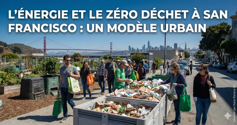 Illustration : sur un trottoir de San Francisco, avec le Golden Gate Bridge et les gratte-ciel en arrière-plan, des habitants munis de sacs réutilisables trient des déchets dans de grands bacs, à côté de composteurs et d’un potager. Titre incrusté : « L’énergie et le zéro déchet à San Francisco : un modèle urbain ».
